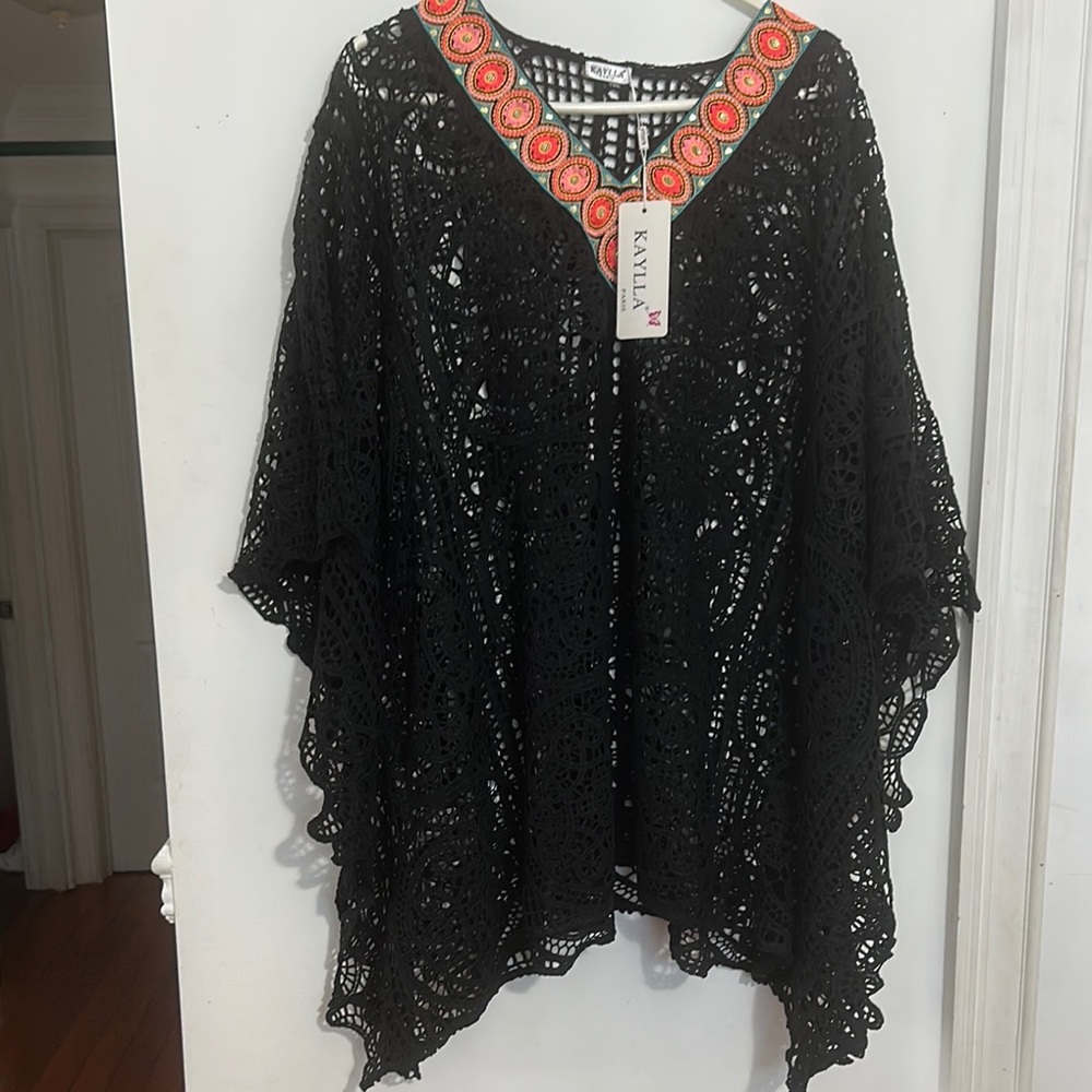 Black Oversized Tunic with Dolman Sleeves and Graphic Embellishments